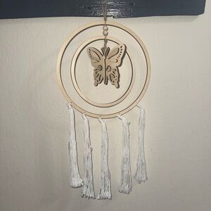 Neutral Wood Butterfly dream catcher with White Tassels
